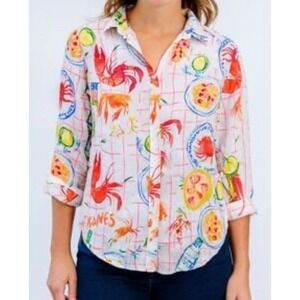 Calypso St Barth Button Top Womens White Orange Crab Feast Linen Blend Beachy M